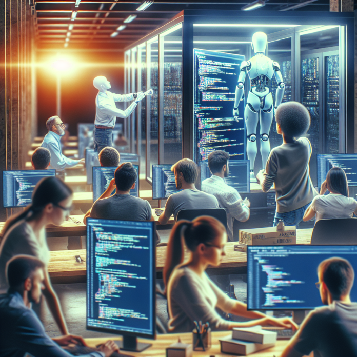 Illustration depicting autonomous agents constructing new AI agents, symbolizing the evolution of self-building AI systems.