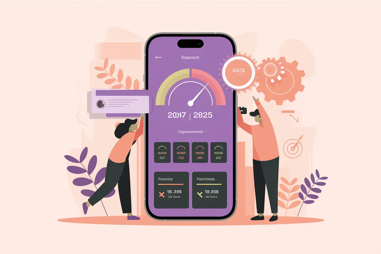 Mobile app development in 2025 illustrated with futuristic UI elements