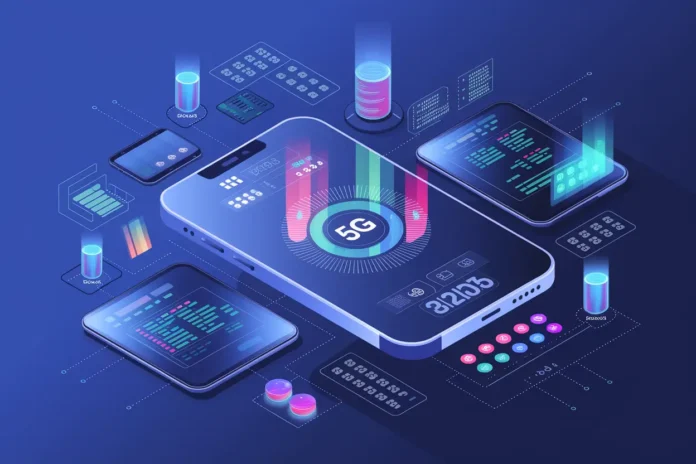 Mobile app development in 2025 illustrated with futuristic UI elements