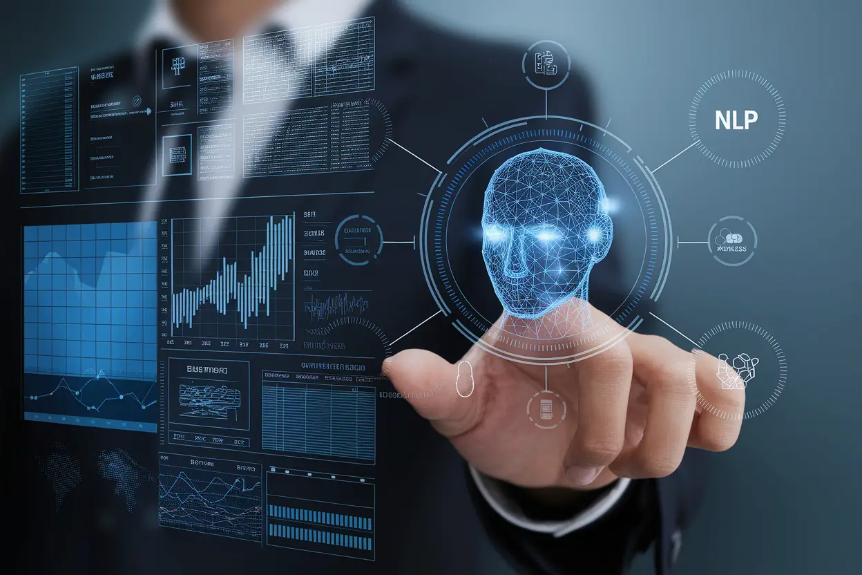 AI in Business Planning showing data-driven graphs and predictive analytics