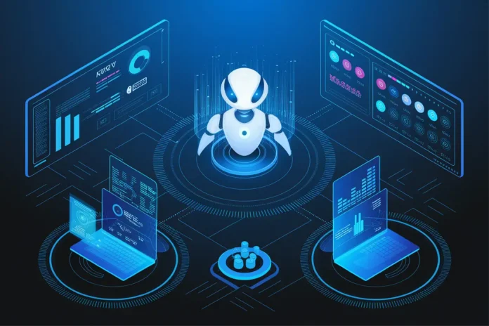 Illustration showing how AI is revolutionizing IT support for businesses with automation and predictive monitoring tools
