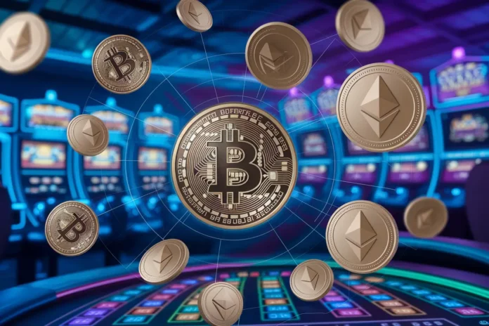 Benefits of Crypto Payments for Casino Operators illustrated with digital casino and cryptocurrency icons