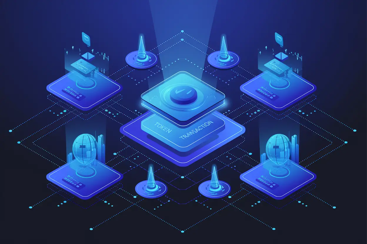 Stock Tokenization illustration with digital shares and blockchain ledger