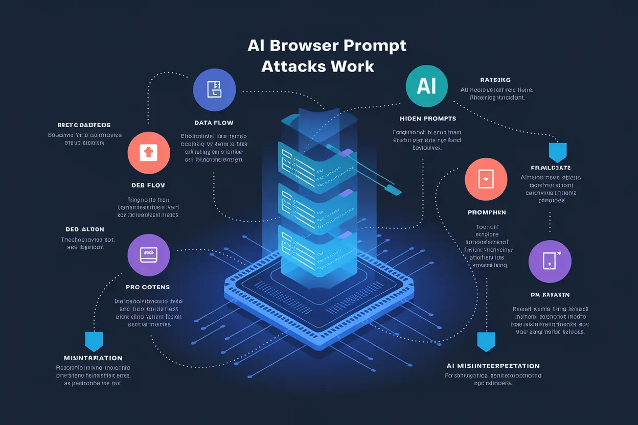 Illustration showing OpenAI says AI browsers may always be vulnerable to prompt attacks and prompt security concepts