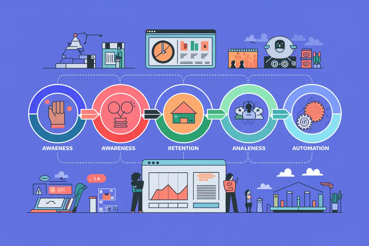 Illustration of the best customer lifecycle management software in 2024 showing customer journey stages and analytics dashboard