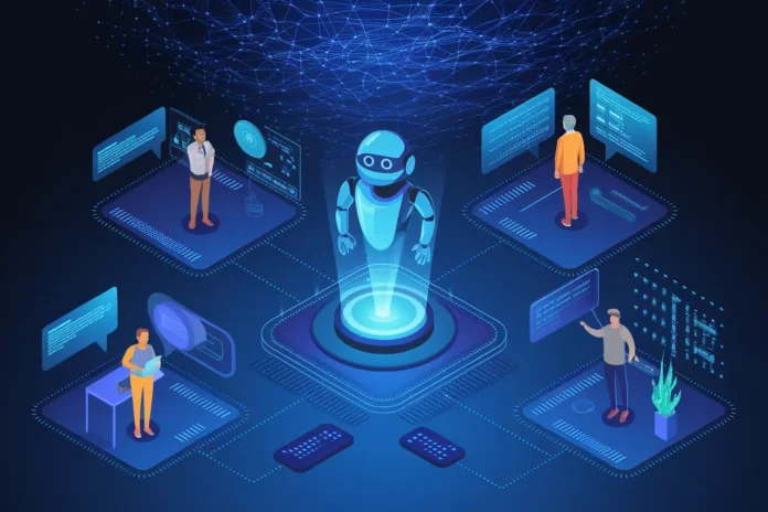 Illustration of The Ultimate List of AI Chatbot Development Companies in 2026 showing advanced conversational AI systems