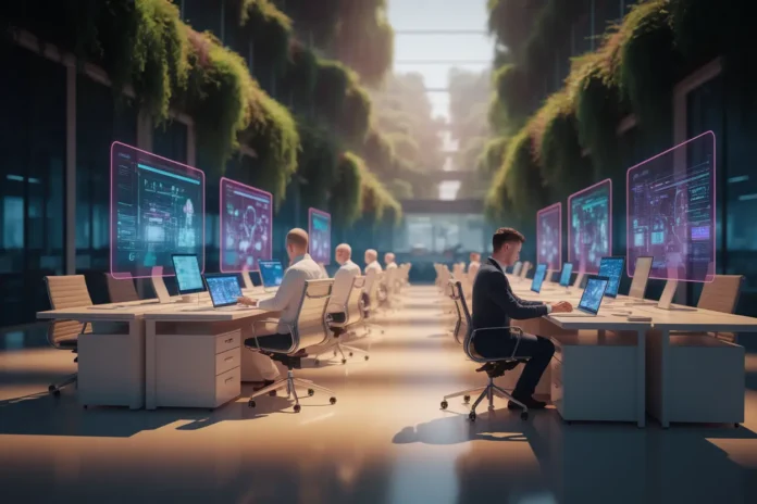 illustration of how AI Agents Are Transforming Workflows in 2026 with robots and humans collaborating