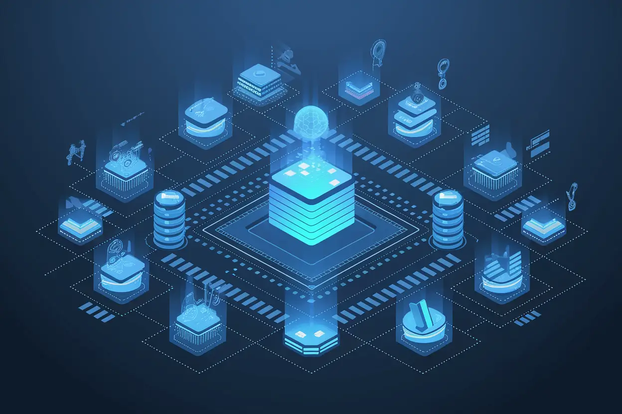 illustration showing AI‑Driven Custom CRM Development processes and automation across sales and marketing teams