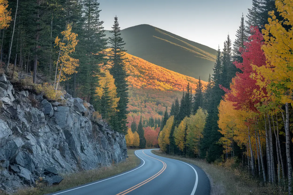 Scenic mountain view of the Kancamagus Highway for fall foliage in New Hampshire