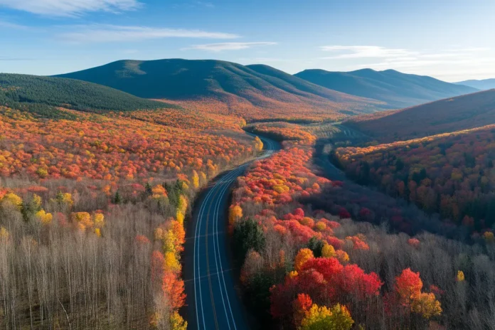 Scenic mountain view of the Kancamagus Highway for fall foliage in New Hampshire