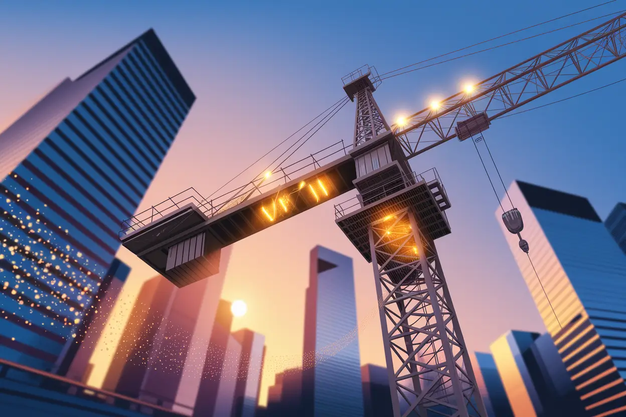 Illustration showing how blockchain is reforming the construction sector in 2026 with transparent smart contract networks