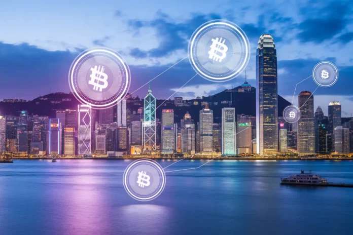 Illustration of how history and politics shaped Hong Kong's stablecoin use cases with financial skyline and digital tokens