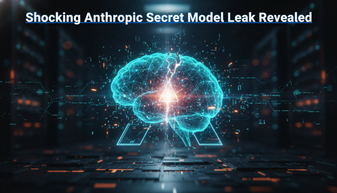 Illustration of the Anthropic secret model leak showing digital data security breach.