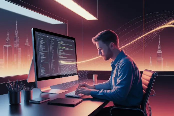 Illustration showing blockchain developers from top smart contract development companies in 2026 creating secure automated agreements