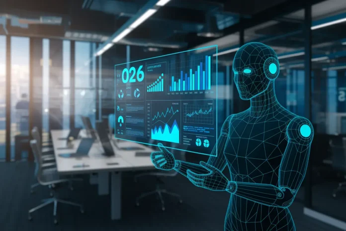 Illustration showing the future of AI in business with smart technology and analytics in 2026