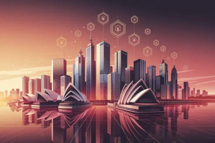 Modern property illustration showing blockchain-based Tokenization of Real Estate in Australia concept