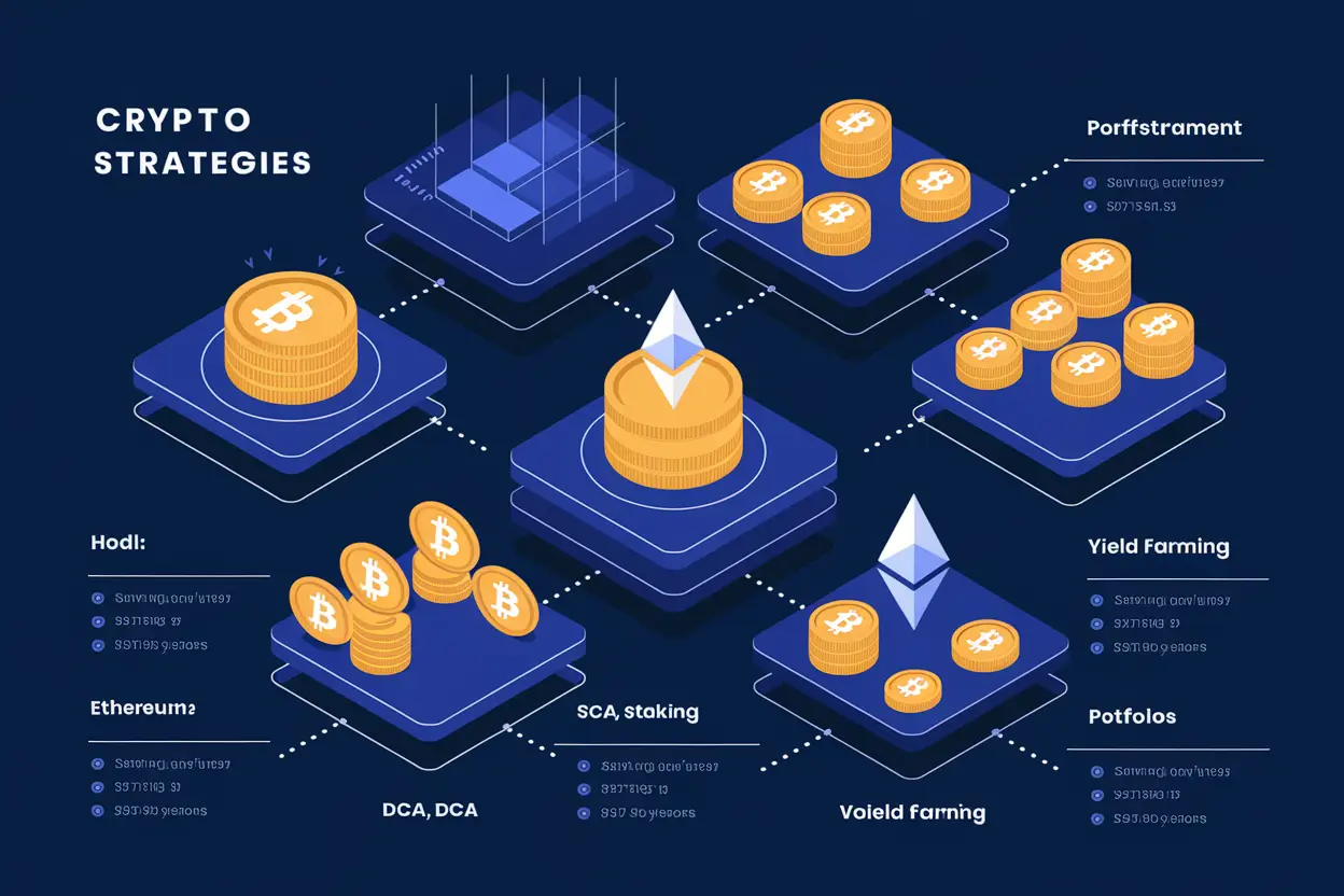 Illustration showing Best Crypto Investment Strategies for Beginners with coins, graphs, and wallets