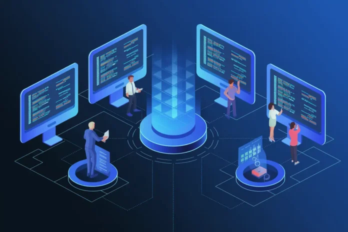 Smart Contract Audit process with developers reviewing blockchain security