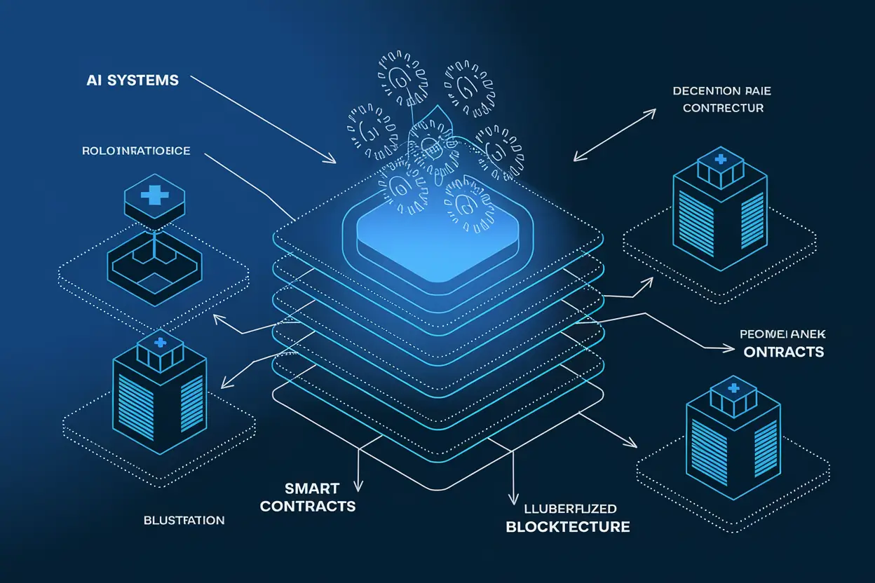 Illustration showing how to launch a Web3 startup using AI and smart contracts with blockchain network connections
