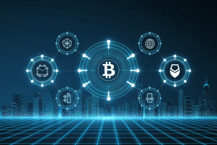 Illustration showing how blockchain is transforming banking in 2026 with digital ledgers and smart contracts
