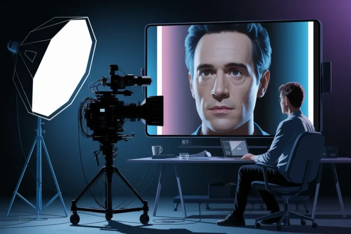 Illustration showing AI Deepfake Technology in Movies for realistic actor recreation