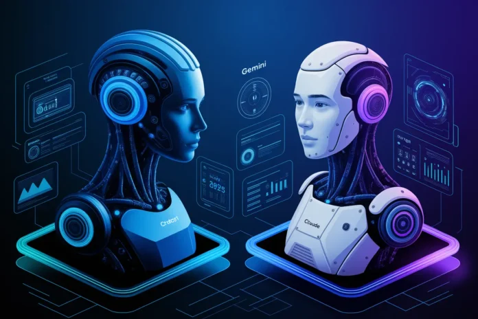 Illustration comparing ChatGPT vs Gemini vs Claude AI models 2026