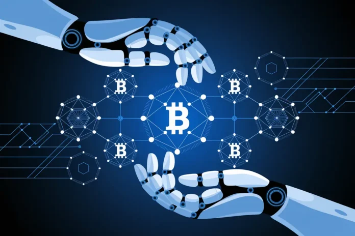 Illustration of Smart Contracts in AI Automation concept showing blockchain and AI system integration