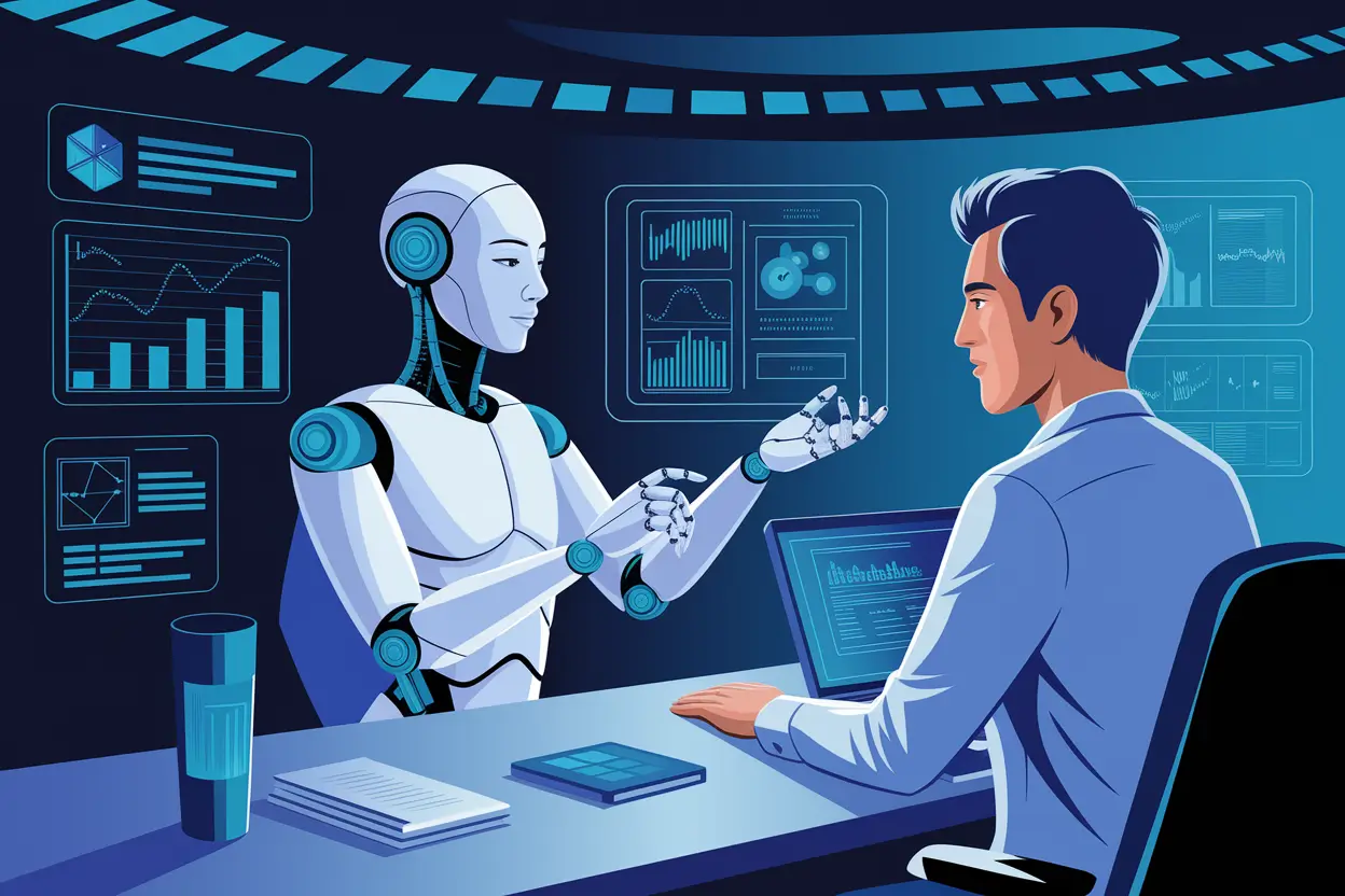 illustration showing Top 10 Movies Based on AI Technology You Must Watch featuring futuristic robots and human interaction