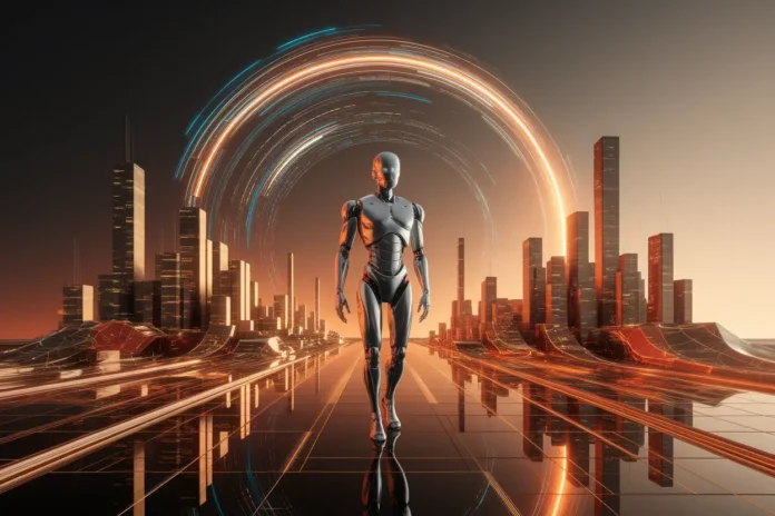 illustration showing Top 10 Movies Based on AI Technology You Must Watch featuring futuristic robots and human interaction