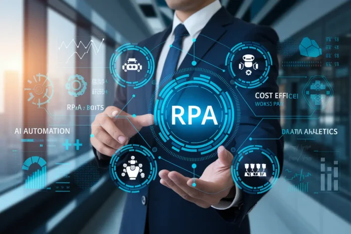 AI Automation for Businesses technology visual showing robots and digital workflow
