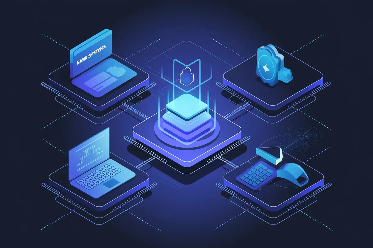 Illustration showing how blockchain is transforming banking in 2026 with digital ledgers and smart contracts