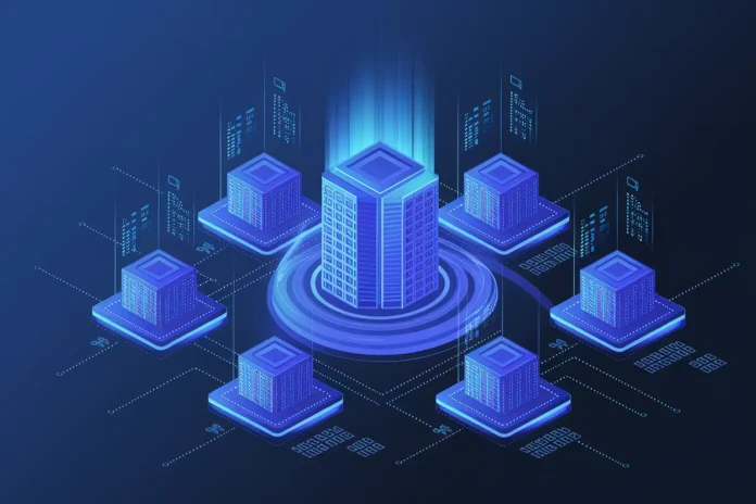 Concept depicting AI-powered smart contracts for real estate tokenization with blockchain and property visualization