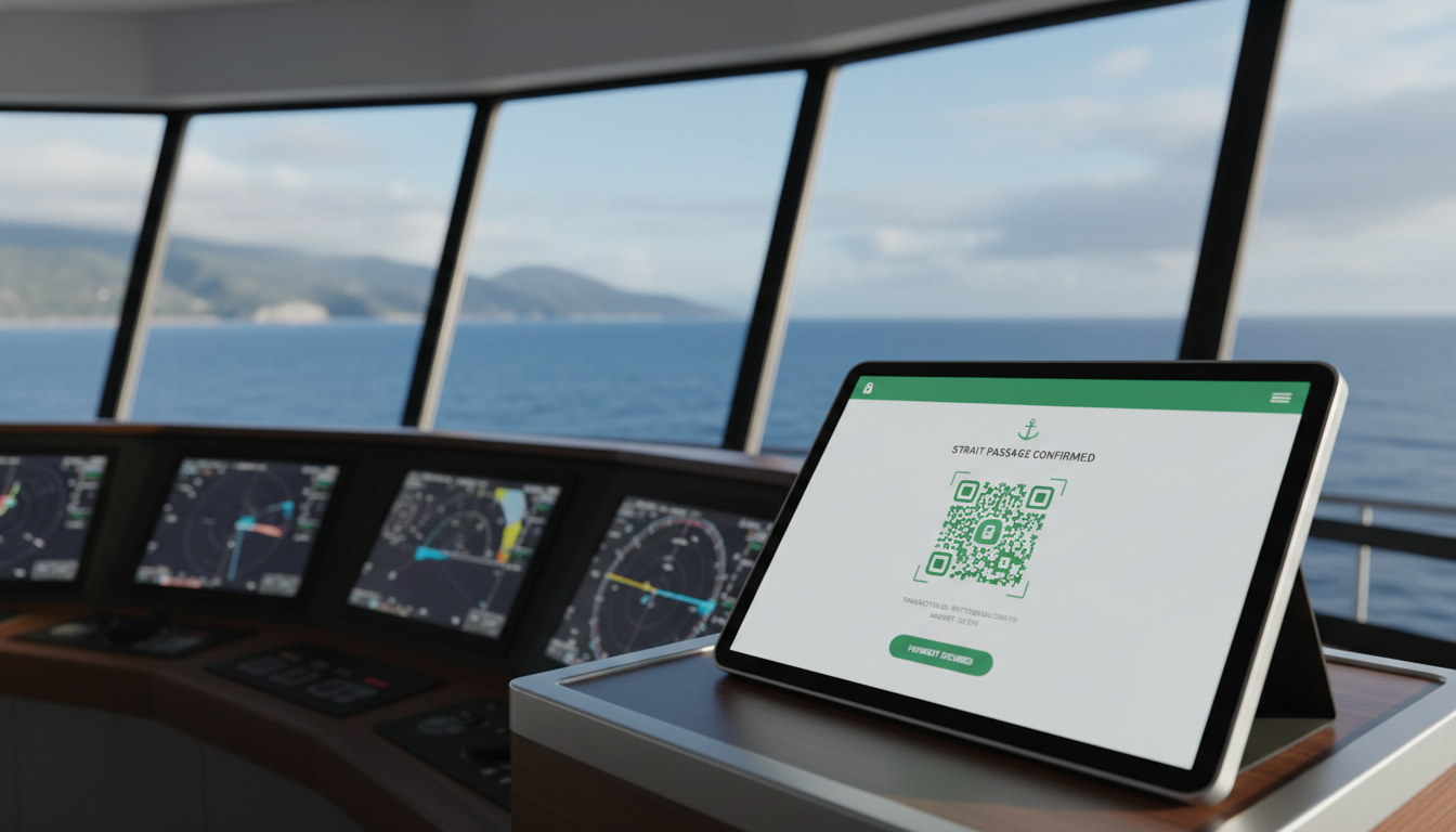 Oil tanker safely navigating the volatile waters heavily affected by mandatory Strait of Hormuz crypto tolls