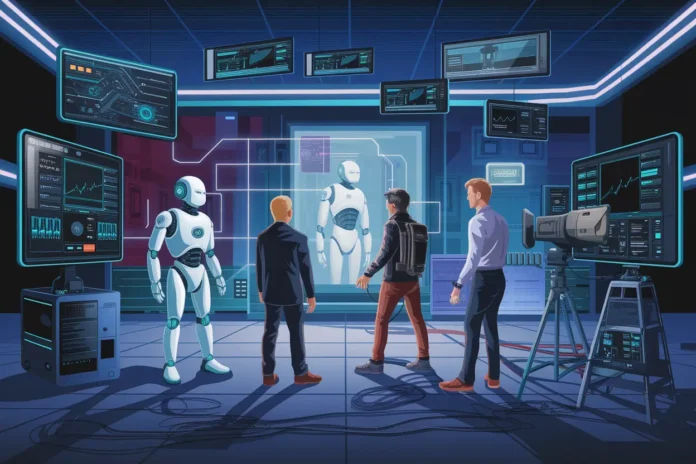 Conceptual illustration showing how AI is replacing traditional VFX artists in movies through automation and visual generation