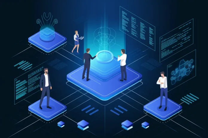 Illustration showing how to launch a Web3 startup using AI and smart contracts with blockchain network connections