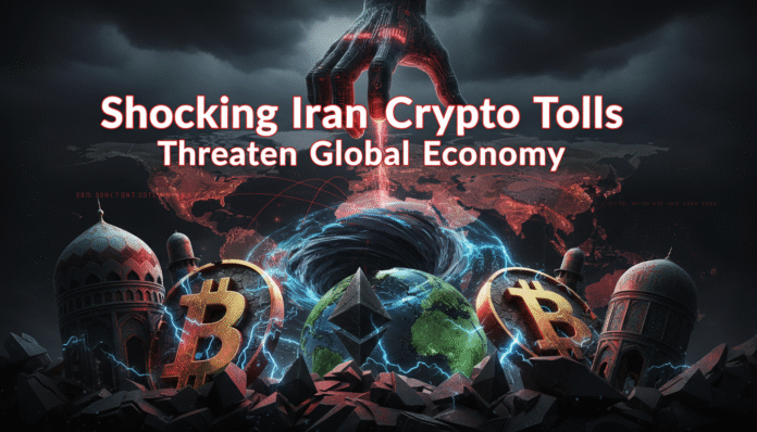 A massive oil tanker navigating the Strait of Hormuz, representing the rising economic threat of Iran crypto tolls on global energy markets.