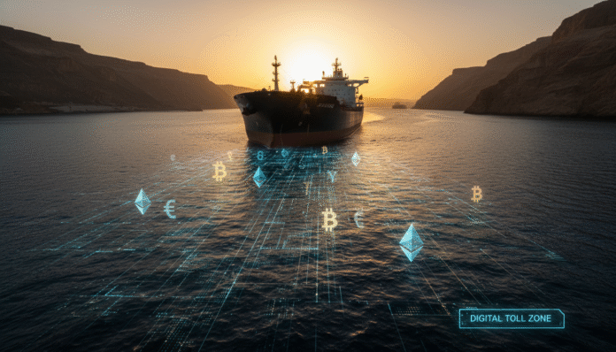 Oil tanker safely navigating the volatile waters heavily affected by mandatory Strait of Hormuz crypto tolls