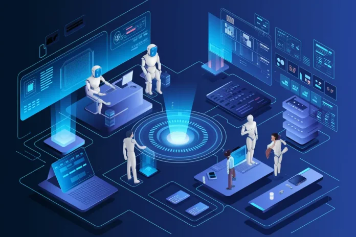 AI vs Human Jobs illustration showing collaboration between humans and artificial intelligence in the workplace