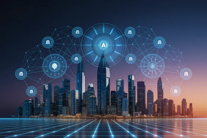 Illustration representing Top 10 AI + Blockchain Startups to Watch in 2026