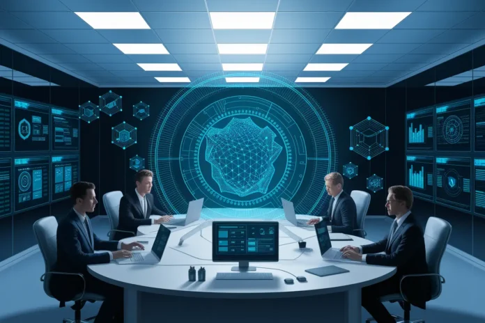 illustration showing how governments are using AI and smart contracts in public services