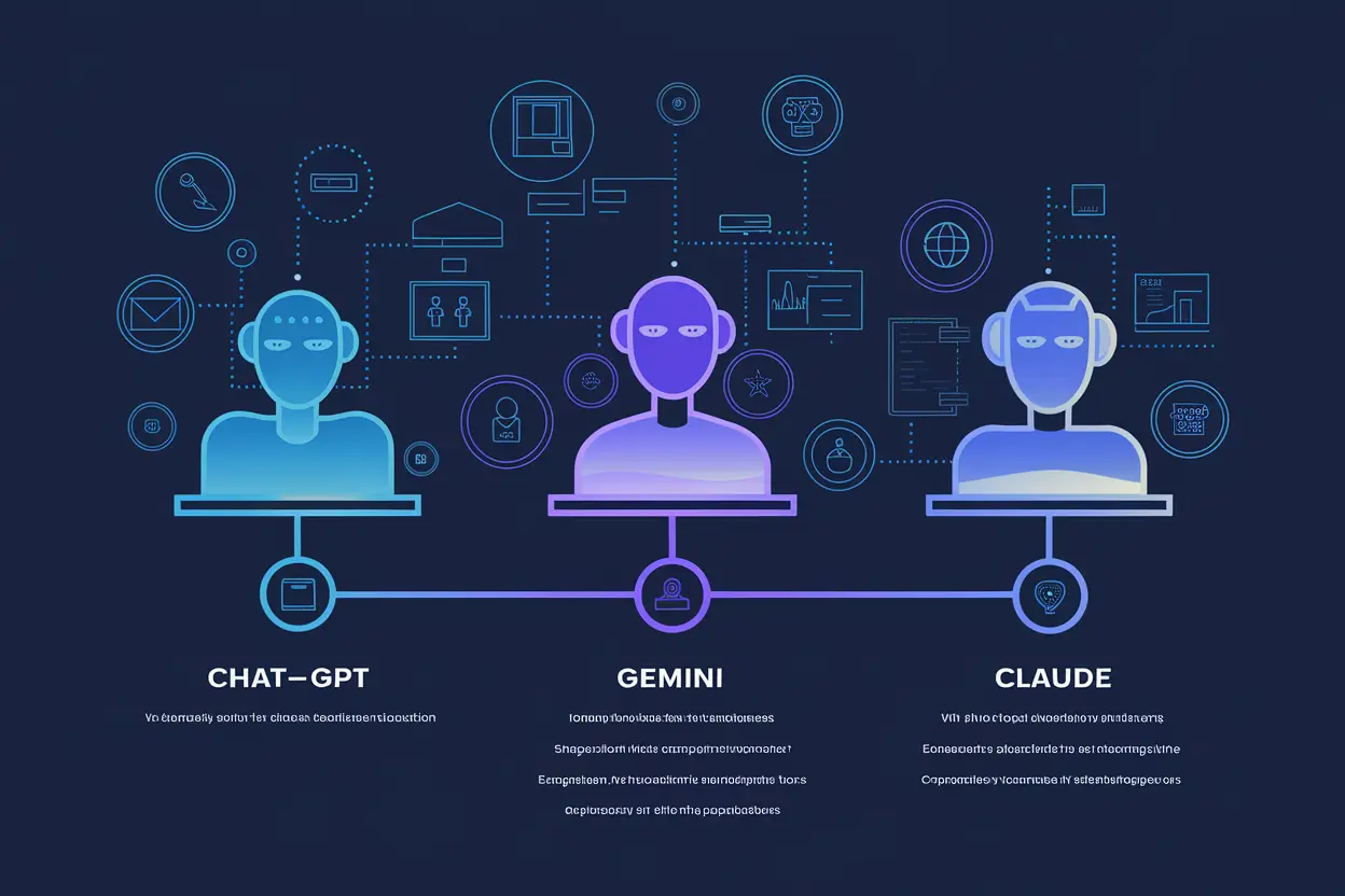 Illustration comparing ChatGPT vs Gemini vs Claude AI models 2026