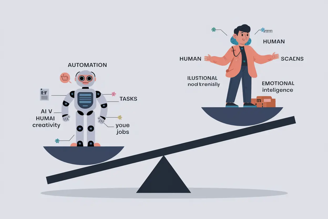 AI vs Human Jobs illustration showing collaboration between humans and artificial intelligence in the workplace