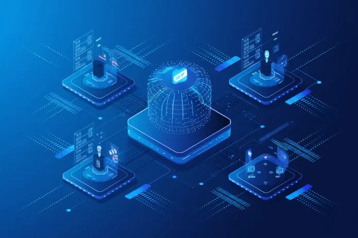 illustration of how startups are using AI and smart contracts to scale faster showing automation and blockchain integration