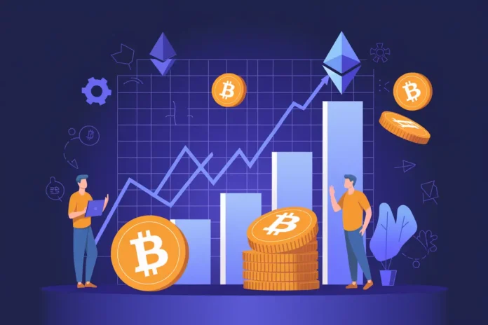 Illustration showing Best Crypto Investment Strategies for Beginners with coins, graphs, and wallets