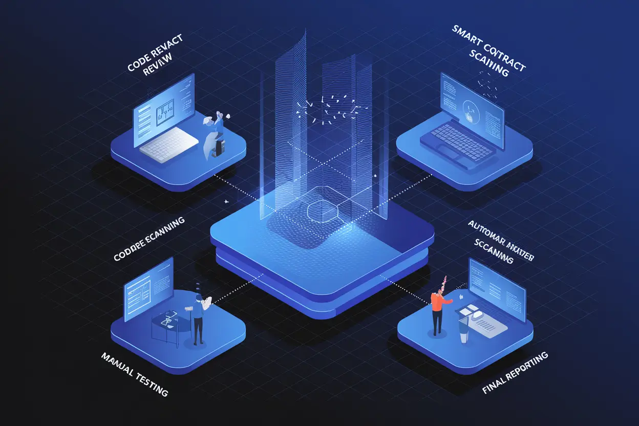 Smart Contract Audit process with developers reviewing blockchain security