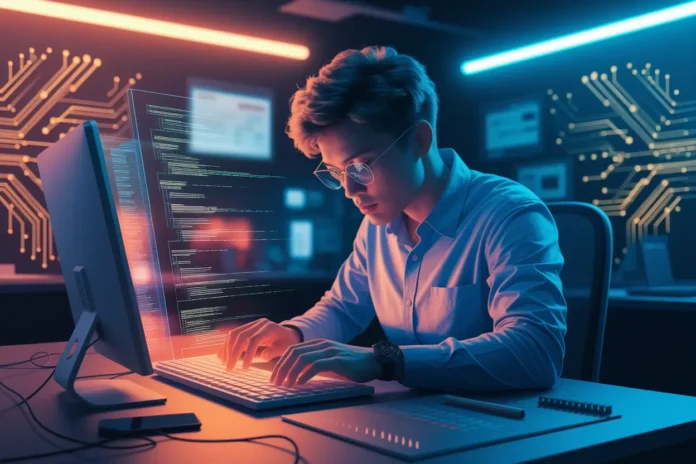 Illustration showing best AI tools for smart contract developers working on blockchain-based automation