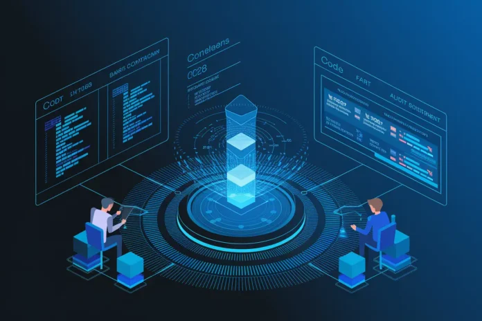 Cost of Smart Contract Development in 2026 showing blockchain coding and audit visuals