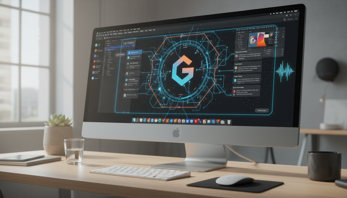 A professional macOS desktop setup demonstrating how the Gemini app becomes more agentic by automating local workflows and analyzing active screen context.