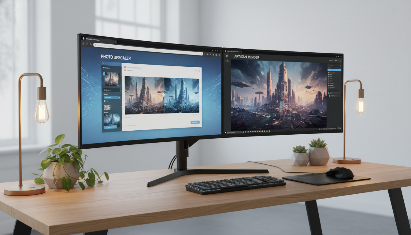 Different AI photo enhancing tools showcased on a modern workspace setup, highlighting alternatives to the best free ai image upscaler.