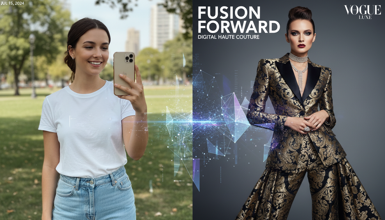 A split-screen showing a digital fashion transformation made with an ai vogue cover generator free.